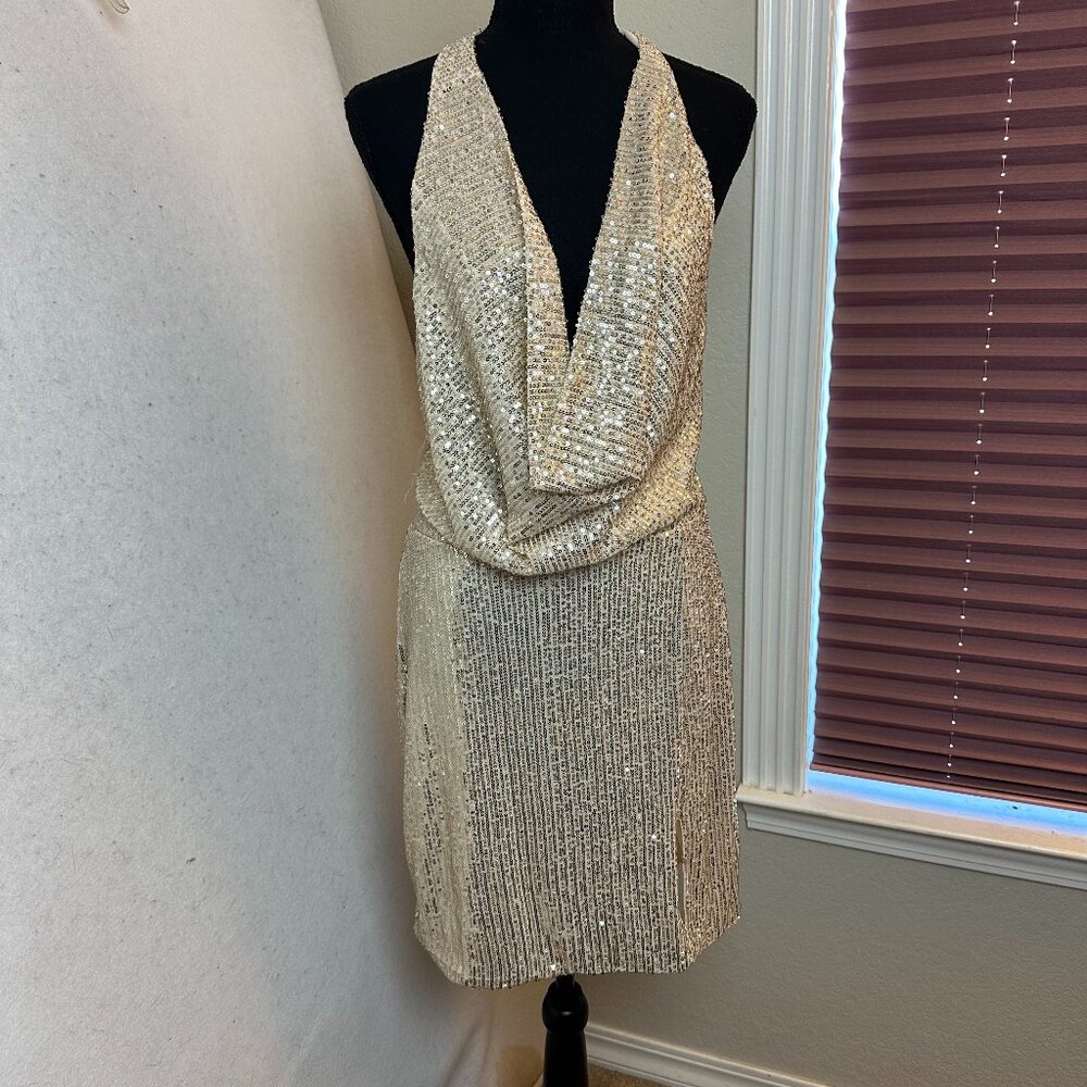 Fashion Nova dress‎ sz 1X mini gold sequin halter slit open back going out Y2K